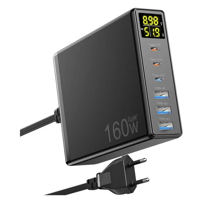 Cargador USB C 160W GAN 6Port Carga Rápida LED Display Estación de Carga USB C