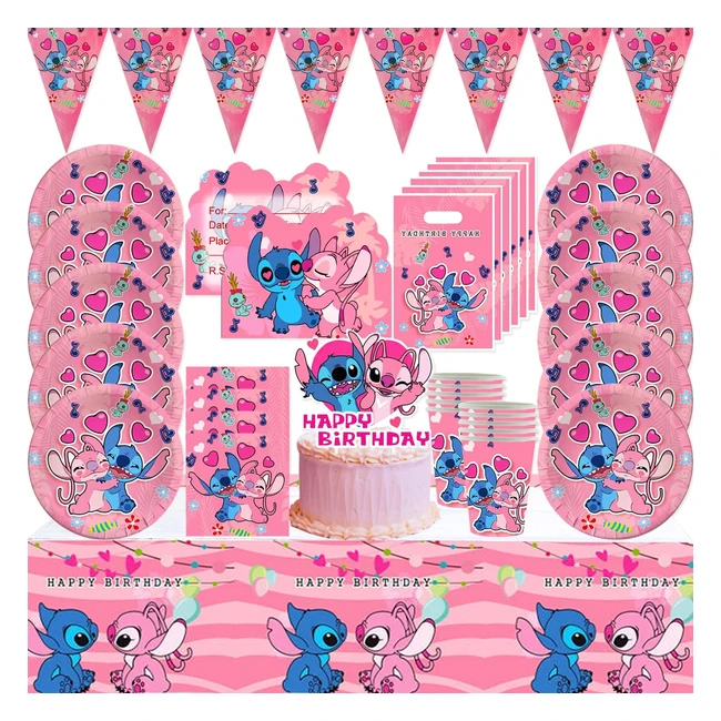 Vajilla para niños Stitch 63 piezas - Fiesta Cumpleaños Rosa