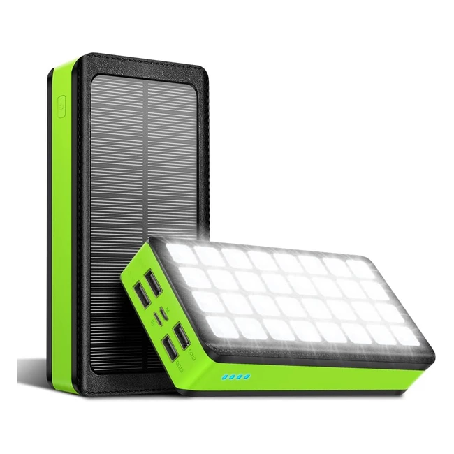 Solar Power Bank 30000 mAh Tragbares Ladegerät Batteriepack mit 32 LEDs Taschenlampe 4 Ausgangsanschlüsse 2 Eingangsanschlüsse für Smartphone Tablet Kopfhörer Camping Wandern Reisen