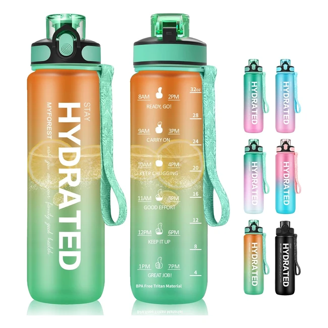 myforest 1L BPA-Free Water Bottle with Straw & Handle 100% Leakproof Gym Jug for Fitness Goals - Clear/Orange/Green