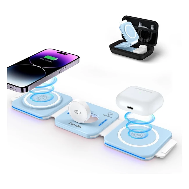 Zumsey Foldable Travel Wireless Charger 3 in 1 - iPhone 14 13 12 Pro Max - Magnetic Charging Stand - iWatch Airpods - Blue