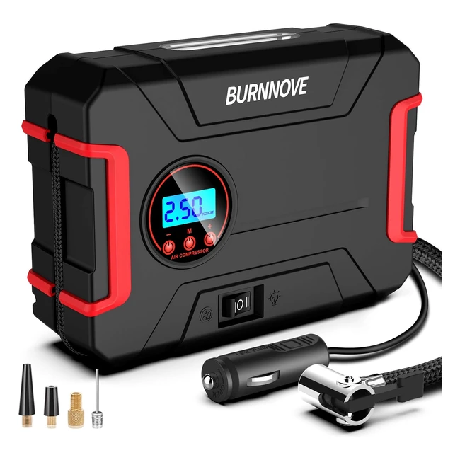 Compresseur d'air portatif 12V 120psi - Burnnove - Gonfleur pneus voiture électrique - Air numérique - LED - LCD - 3 buses - 1 valve