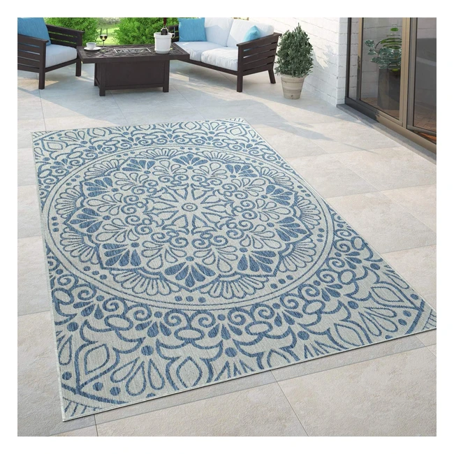 Paco Home In- & Outdoor Teppich für Balkon & Terrasse blau | 100% Polypropylen | Orientalisches Muster | Robust & pflegeleicht
