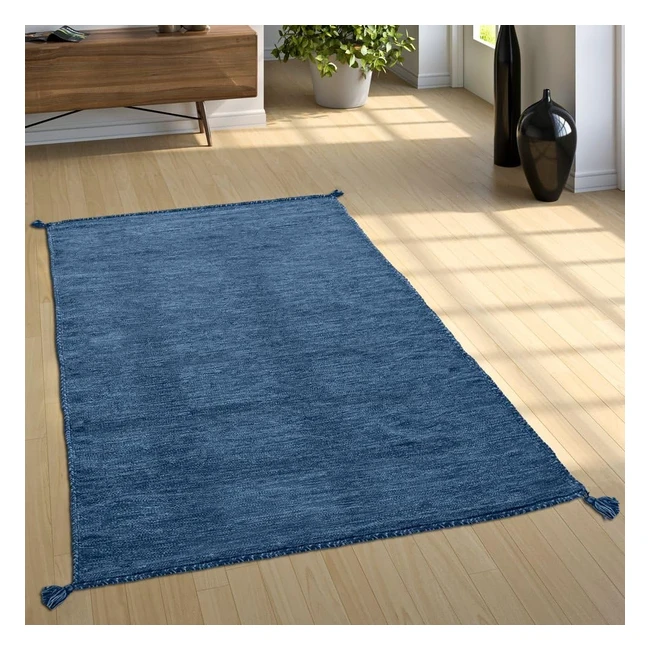 Tapis Salon Moderne Paco Home 100% Coton Bleu 60x110cm Franges Nature