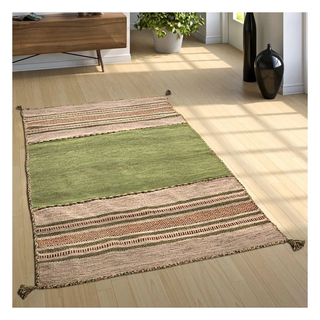 Paco Home Natur Teppich m Fransen Handgewebter Kelim 100% Baumwolle 60x110cm Grün