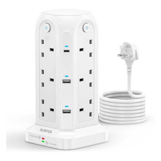 Klintos Tower Extension Lead with USB Slots - Surge Protected - 18 in 1 - 2m Cable - Power Tower Plug for Desktop/Office/Kitchen