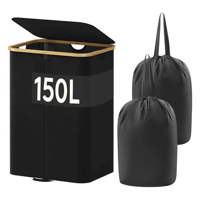 Panier à linge 150L Lifewit avec couvercle en bambou - Grand panier pliable pour chambre salle de bain - Noir