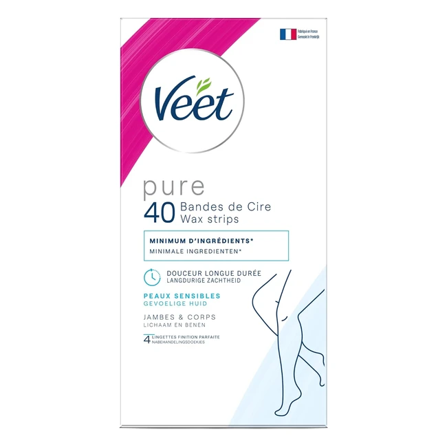 Veet Pure 40 Strisce di Cera Fredda per Corpo e Gambe - Pelli Sensibili - Dermatologi Consigliati