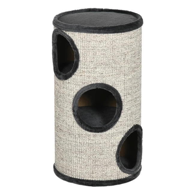 PawHut Kratztonne 70 cm Höhe Katzenspieltonne 3 Ebenen Katzenkratzbaum mit 3 Höhlen Katzenbaum Sisal Kratzturm Katzenmöbel Plüsch Grau