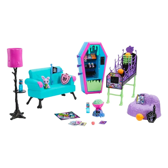 Monster High Student Lounge Playset HRP57 - Möbel und Zubehör für gruselig schöne Geschichten mit funktionierendem Verkaufsautomaten und Casketball-Spiel