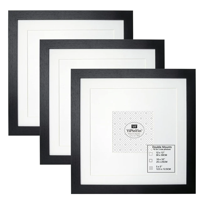 Black 1212 30x30c Square Photo Frames with Double Mounts - Set of 3 10x10 5x5 Frames - Wooden Grain Texture