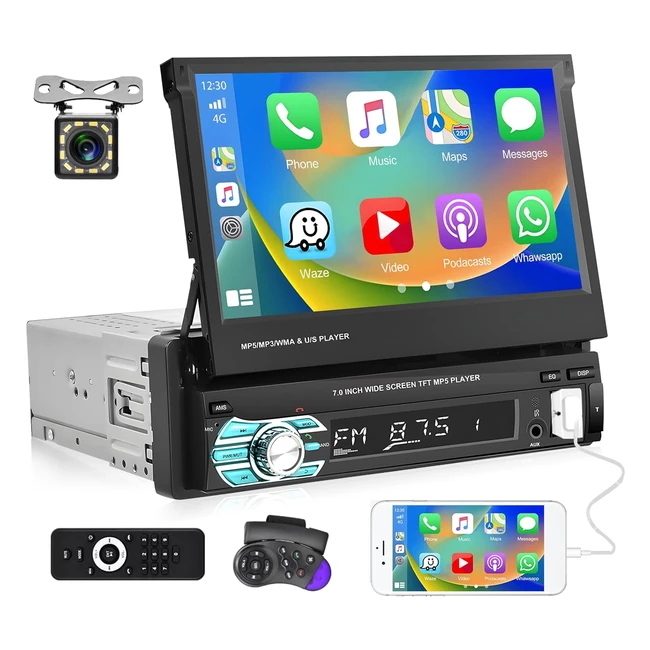Podofo Autoradio 1 Din Apple Carplay Android Auto Stereo 7 Pollici Flip Out Schermo Radio Bluetooth FM USB SWC