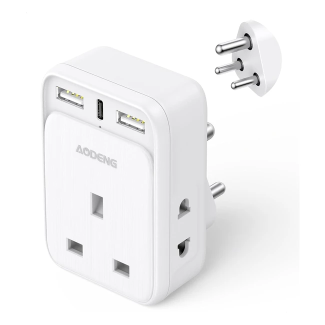Aodeng UK to India Plug Adapter Grounded with 3 USB Ports 32W USB C Fast Charger