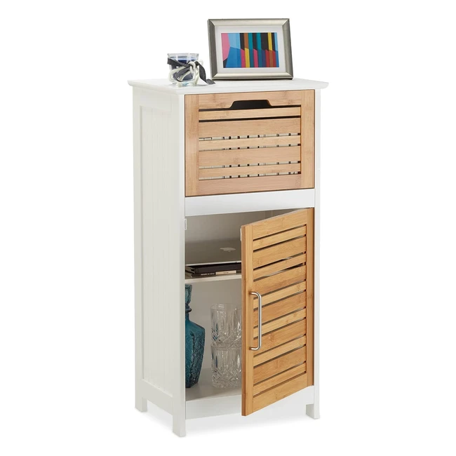 Armoire Salle de Bain Bambou Blanc - Relaxdays 30x40x83 cm - Rangement Tiroir