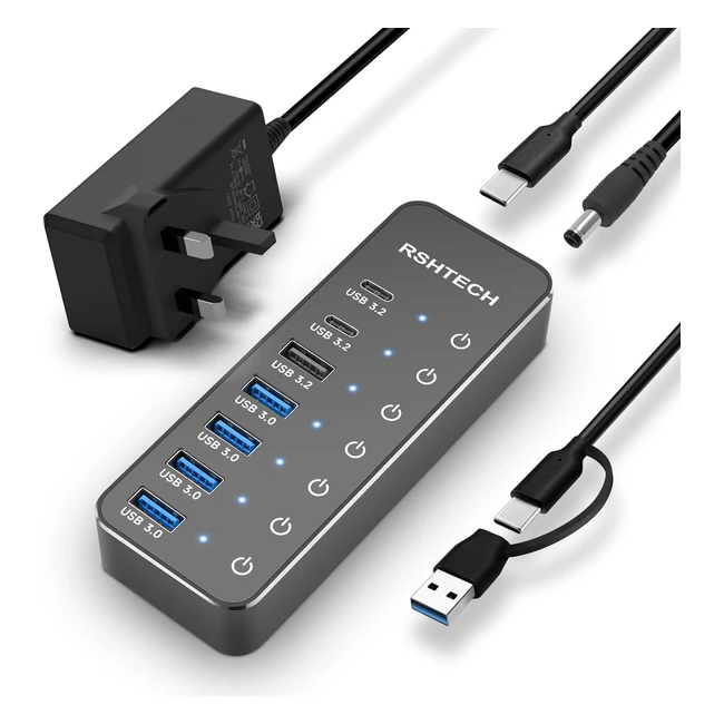 RSHTech Powered USB Hub 3132 Gen2 7-Port USB C Hub with 10Gbps USBA 2 USBC Data Ports Aluminum USB C Splitter