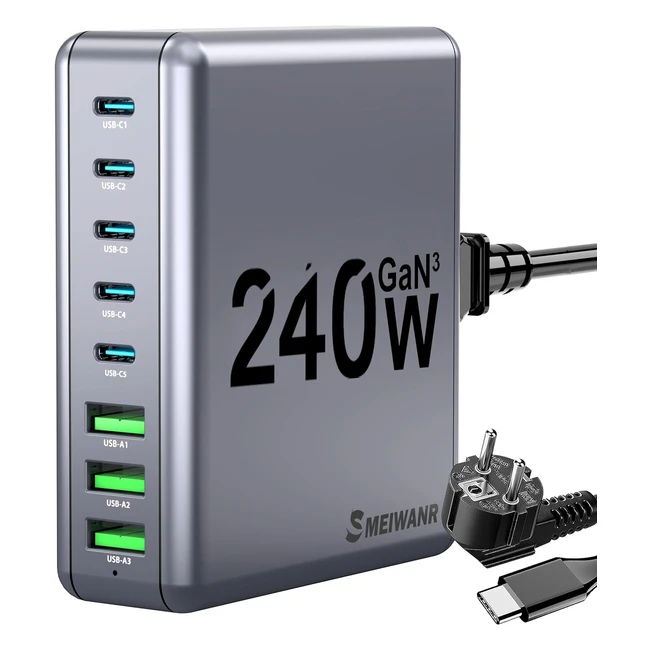 Cargador USB-C 240W GAN Cargador Rápido 8 Puertos Macbook Pro/Air iPad Galaxy iPhone - Cable 100W