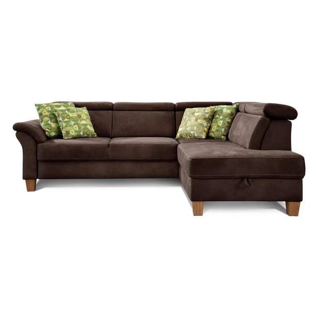 Cavadore Ecksofa Ammerland mit Ottomane rechts - Federkernsofa im Landhausstil - Verstellbare Kopfsttzen - Lederoptik Braun