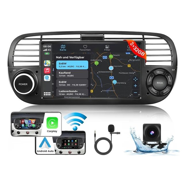 Autoradio Android 13 Hikity 2G64G per Fiat 500 2007-2015 con Carplay Wireless Android Auto 7" GPS Hifi Wifi USB BT RDS Canbus