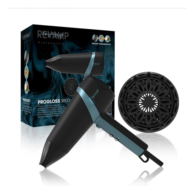 Asciugacapelli Revamp Progloss Quad Ionic 3800 - Tecnologia Ionica - Oli Liscianti - 4 Impostazioni di Calore - Nero e Blu