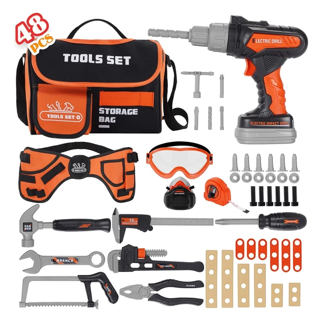 Kit d'outils pour enfants 48 pièces - Jouet avec perceuse électrique - Sac à outils ceinture - Outils et ruban de massage - Kits d'outils de construction jouets cadeau pour enfants de 3 ans et plus