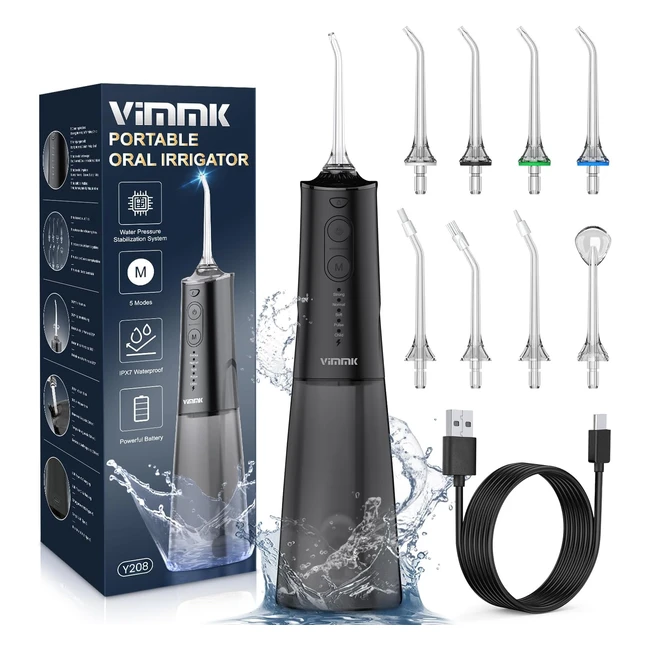 Hydropulseur VIMMK Jet Dentaire 5 Modes de Pression 8 Embouts Rechargeable IPX7 Noir