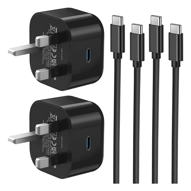 Samsung Fast Charger 2Pack for Galaxy S23 S22 S21 S20 - Type C Lead 1m and Plug USB C PD for iPhone 15 Pro Max
