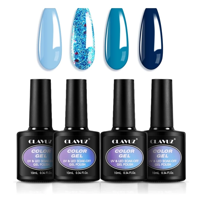 Clavuz Kit Smalto Unghie Semipermanente 4 Colori Blu Azzurro Baby Glitter Turchese Scuro UVLED Manicure Nail Art 10ml
