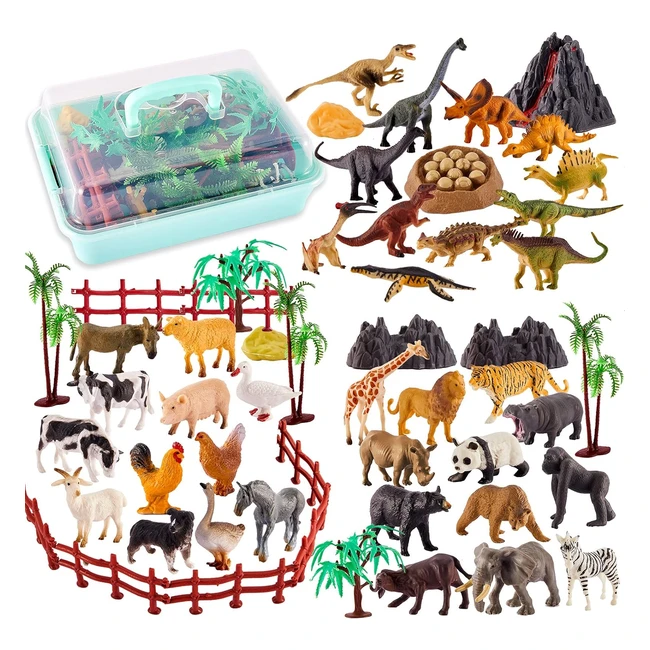 Toey Play 3 en 1 Mini Figurine Animaux Ferme & Fort 56 Pièces Dinosaure Jouets Plastique Malette Jeux Enfants 3-5 ans