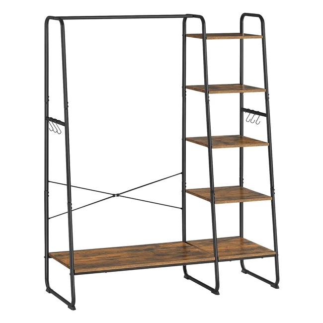 VASAGLE RGR116B01 Kleiderständer 45 x 120 x 160 cm Garderobe mit Kleiderstange Schuhablage offener Kleiderschrank 6 abnehmbare Haken Vintage Braun/Schwarz