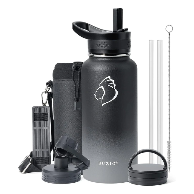 Buzio Insulated Water Bottle 1L - Vacuum Stainless Steel Bottle with Straw - Keeps Beverages Cold for 48 Hrs or Hot for 24 Hrs