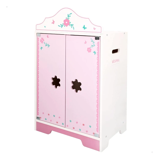 Armario de madera Woomax para ropa de muñecas - Rosa y blanco - 34x23x55 cm - Perchas incluidas