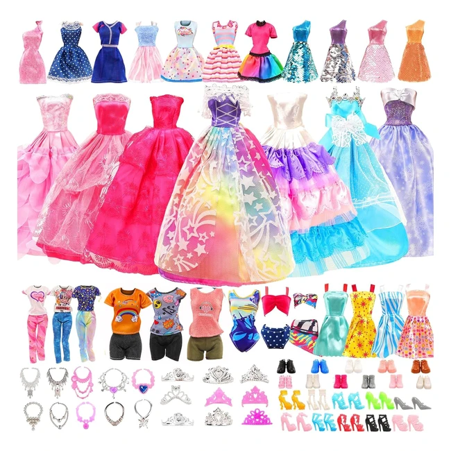 miunana 49 Puppenkleider 13 Kleider 2 Oberteile 2 Hosen 3 Abendkleider 2 Badeanzüge 10 Minikleider 27 Schuhe Krönchen Halskette für 115 Zoll Mädchenpuppen