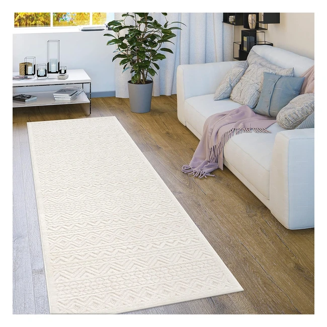 Paco Home Outdoor Teppich wetterfest Balkon Boho Wohnzimmer Küche skandinavisches Muster einfarbig 3D-Effekt modern Größe 80 x 250 cm creme
