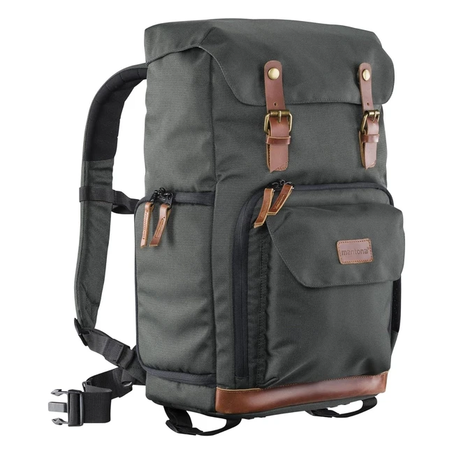 mantona Luis Retro Fotorucksack mit Echtlederapplikationen - Flexibel und geräumig - Grün