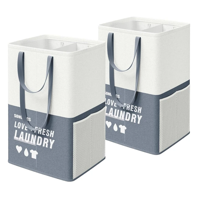 Cesto Grande para Ropa Sucia 90L - Juego de 2 Bolsas con 2 Compartimentos - Plegable - Asas Dobles - Azul Oscuro