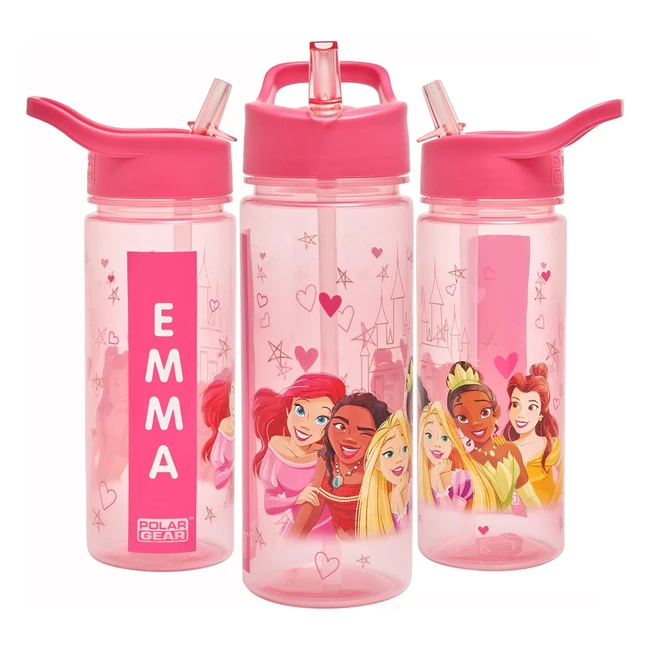 Disney Princess Personalised Sticker Water Bottle with Straw 500ml - Official Merchandise by Polar Gear - Kids Reusable Non-Spill BPA Free - Ideal for School Nursery Sports Picnic - Pink