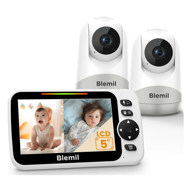 Blemil Moniteur Bébé 5 pouces, Batterie 30h, 2 caméras, Audio panoramique