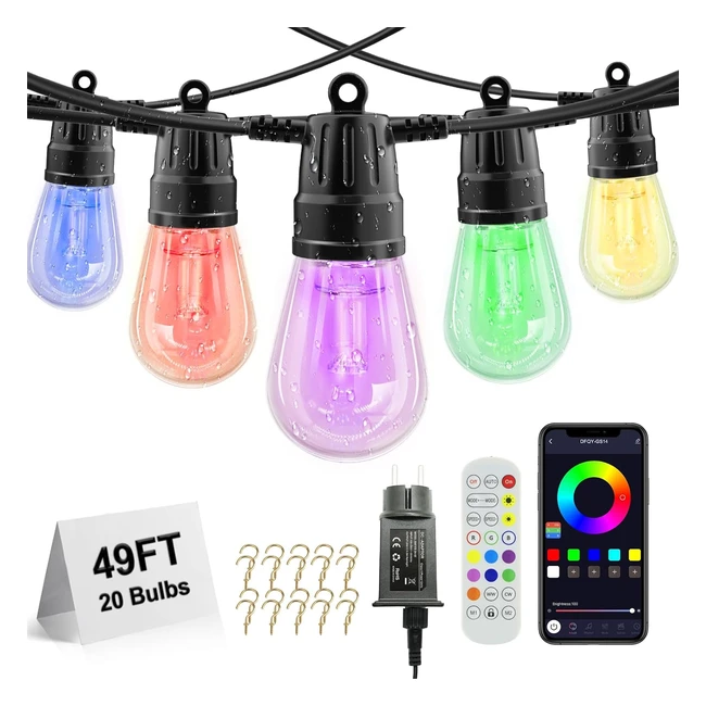 Voneta Outdoor Fairy Lights 15m RGB Patio Lights mit Fernbedienung und App S14 Dimmbare LED Pendelleuchten Farbwechsel Wasserdicht IP65
