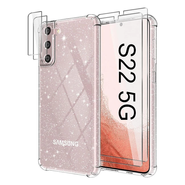 Coque Samsung Galaxy S22 5G 61 Paillettes + 2 Verre Trempé + 2 Caméra Arrière Transparent Glitter Etui Silicone TPU Antichoc