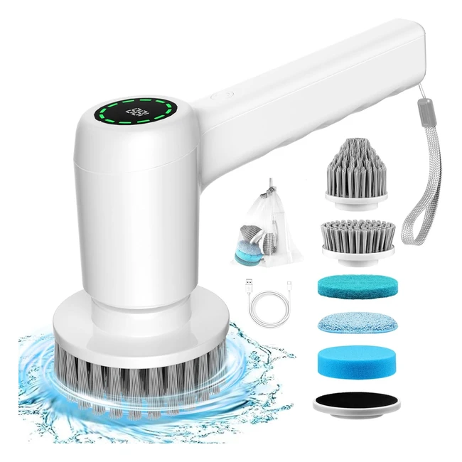 Spazzola Elettrica Spin Scrubber - Pulizia Casa Senza Fili - 5 Testine Sostituibili - Display LED