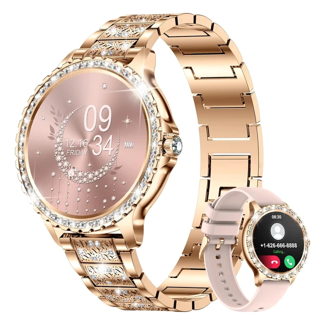Montre Connectée Femme Bluetooth Appels Android iOS Sport Fitness Activity Tracker Montre Femme Connectée 132 HD Fréquence Cardiaque Sommeil Moniteur Elégant Diamond Rose Or Smartwatch