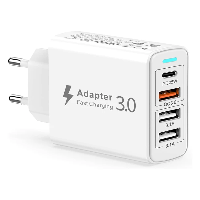 Chargeur USB C Rapide 40W 4 Port Prise USB Multiple avec PD/QC30 Adaptateur Secteur USB C Type C pour iPhone Samsung