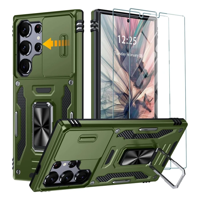 Goldju Samsung Galaxy S24 Ultra Case - Built-in Slide Camera Cover, Rotatable Kickstand Ring, 2 Screen Protector, Military Shockproof Protective Case - Green