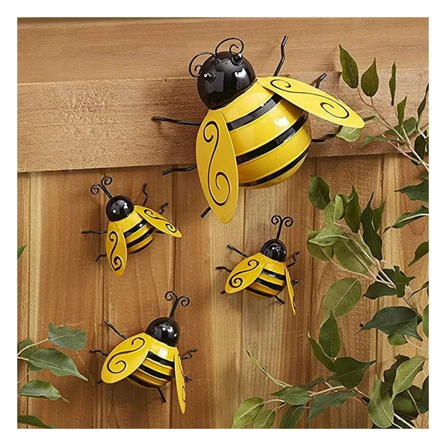 Metal Bumble Bee Decorations 3D Sculpture Garden Ornaments - Set of 4