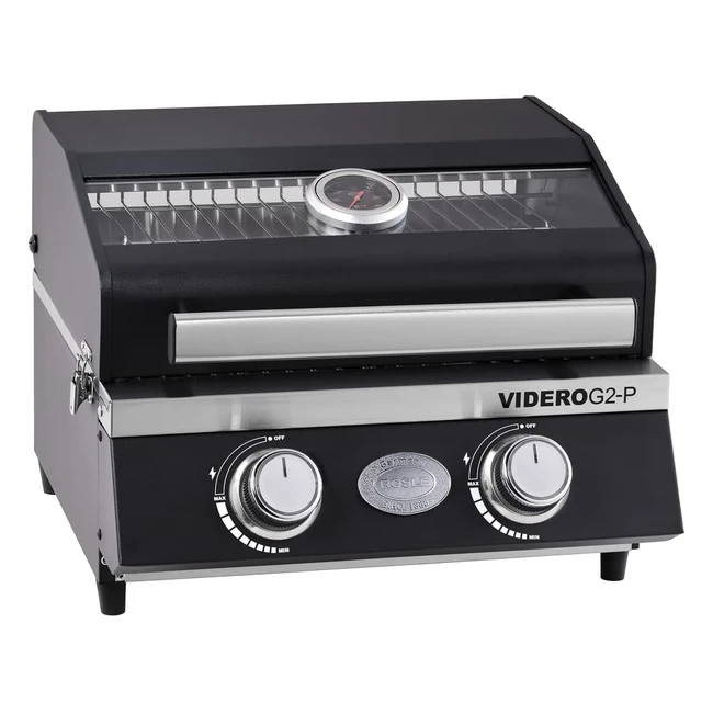 RSLE BBQPortable Videro G2P Gas Grill | 2 Edelstahlbrenner | Wärmeständer | Glasdeckel | Thermometer | Pulverbeschichtetes Stahl 50 mbar