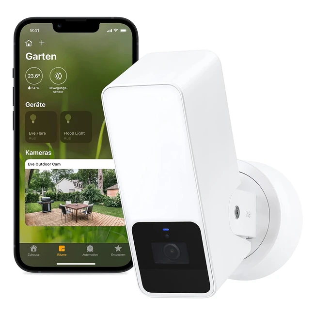 Eve Outdoor Cam White Edition - Smarte Überwachungskamera mit Flutlicht, Nachtsicht, Bewegungssensor, Gegensprechanlage, flexible Installation, WLAN, höchster Datenschutz mit Apple HomeKit Secure Video