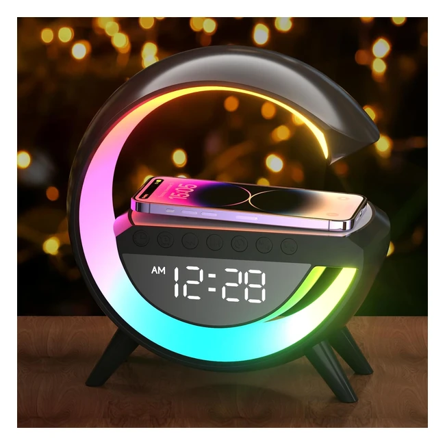 Chargeur sans fil 15W Lampe LED Réveil Ambiance Table Intelligente Bluetooth Haut-parleur Feux Course Blouissants