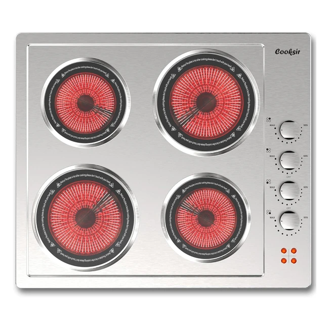 Cooksir Placa Vitrocerámica 4 Fuegos Mando Giratorio Calefacción por Infrarrojos Seguro para Niños