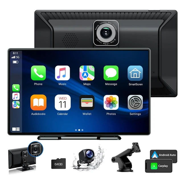 Radio Coche Inalámbrico Carplay y Android Auto 9 Portátil 1080P con Dashcam Frontal y Cámara Trasera 25K Bluetooth GPS Siri Google