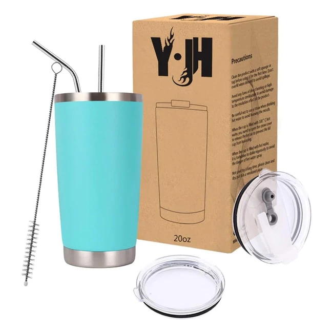 20oz Travel Tumbler Stainless Steel Coffee Mug - Double Wall Insulated - Splash Proof Lid - 2 Straws - BPA Free